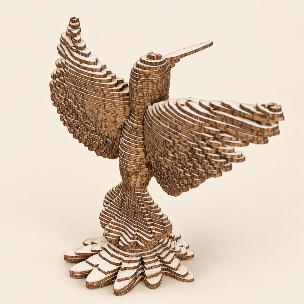 Colibri CARTOLAME brut en carton, ailes déployées, sur fond crème