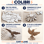 Les quatre étapes de montage du Colibri CARTOLAME, du tri des pièces à la sculpture prête à décorer.