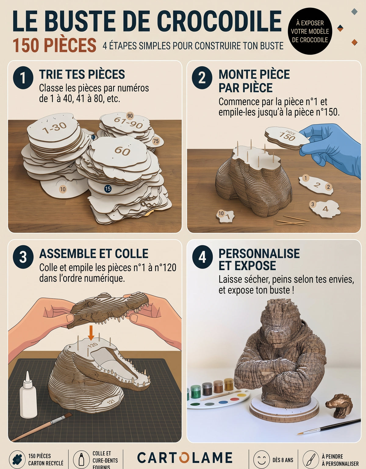 Buste de Crocodile – Sculpture 3D en carton