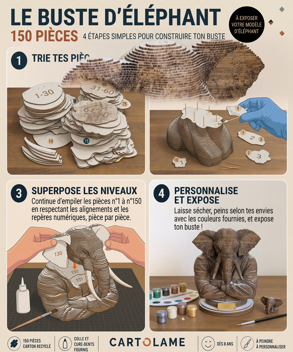 Buste d’Éléphant – Sculpture 3D en carton