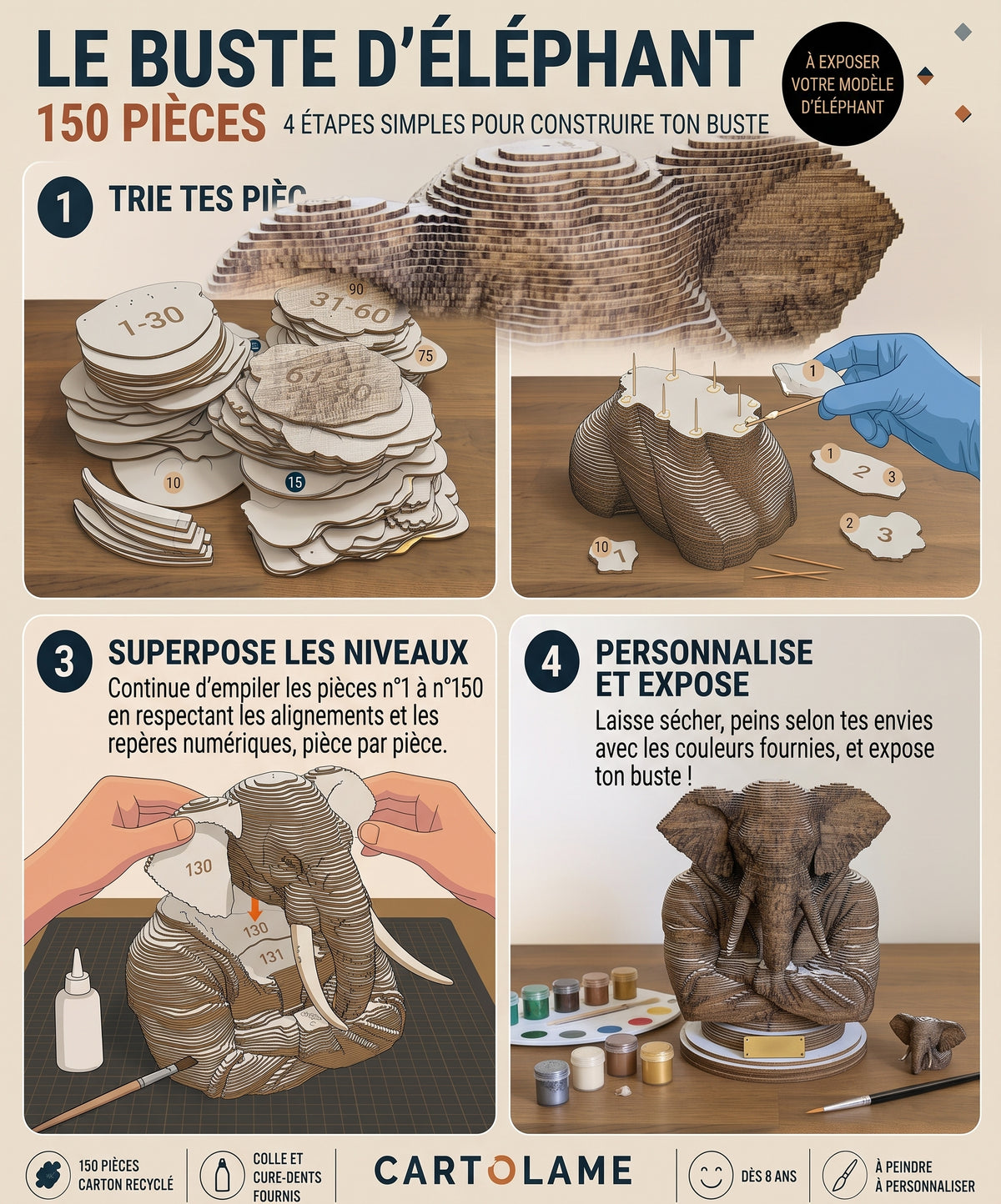 Buste d’Éléphant – Sculpture 3D en carton